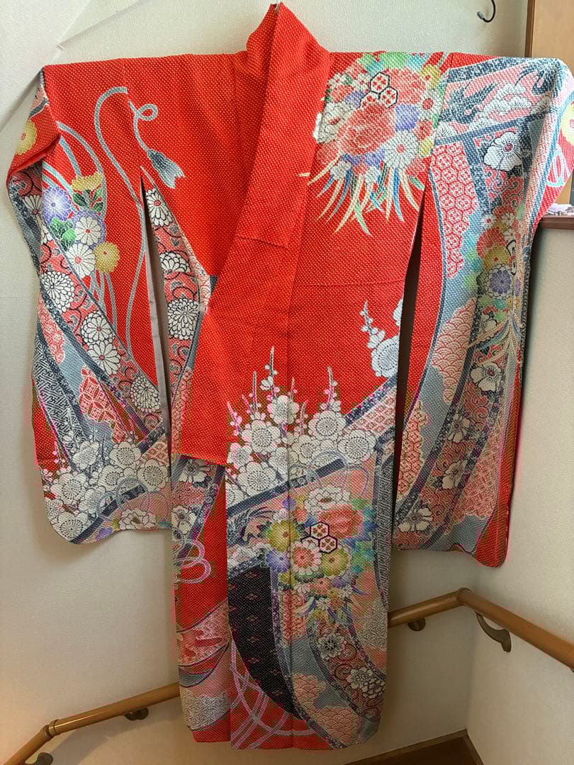 逸品】藤娘きぬたや 総絞り 振袖 橙色 裄64 長襦袢 刺繍半襟(さんび