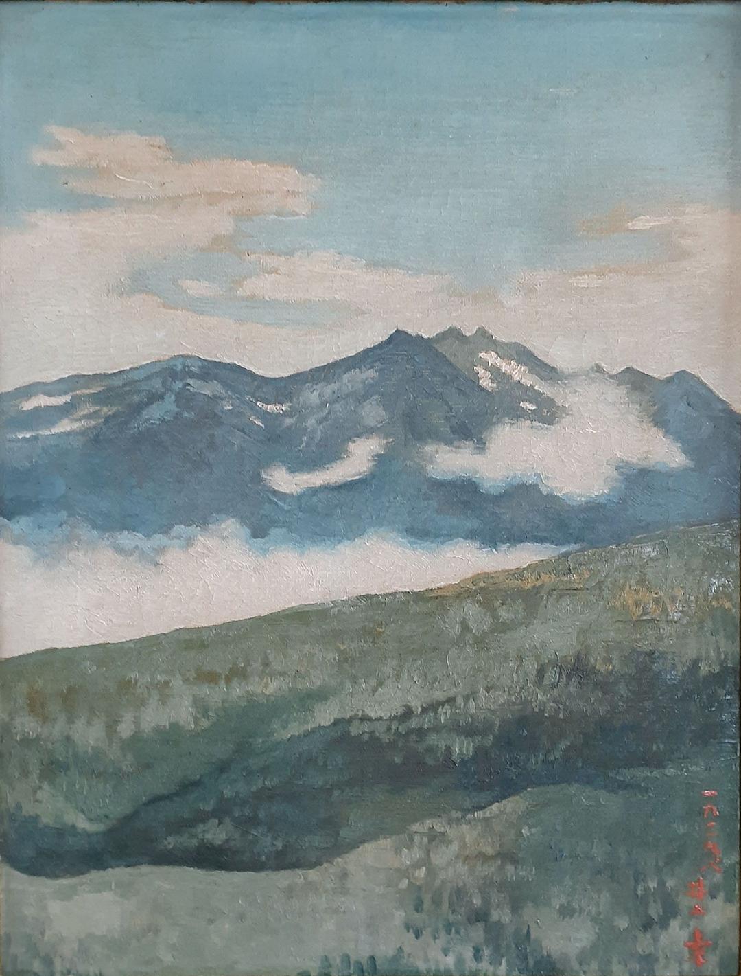 井上幸筆　題　『アルプス遠望』　F6   油彩　木製金彩額装　1939年8月