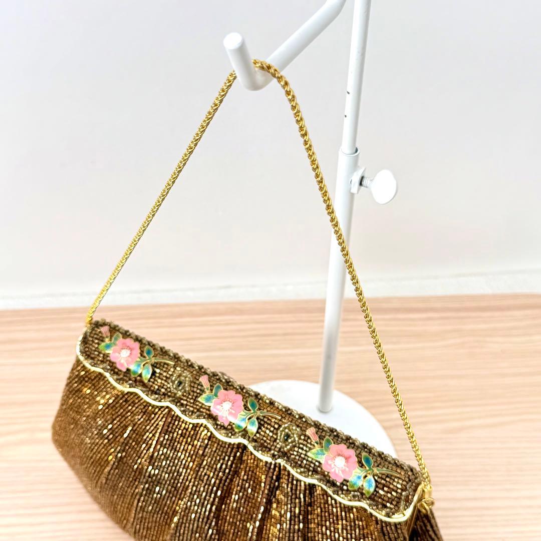 【激レア✨️】ルミーはしもと 花柄 ビーズバッグ チェーンクラスプバッグ ブロンズ