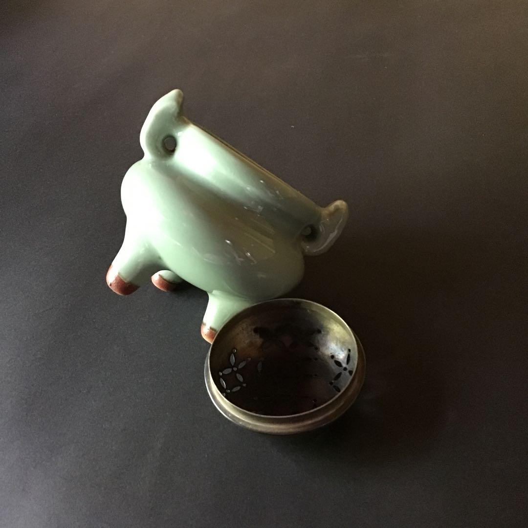 青磁 銀製麻の葉透かし火屋 香炉