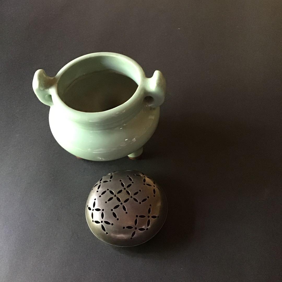 青磁 銀製麻の葉透かし火屋 香炉