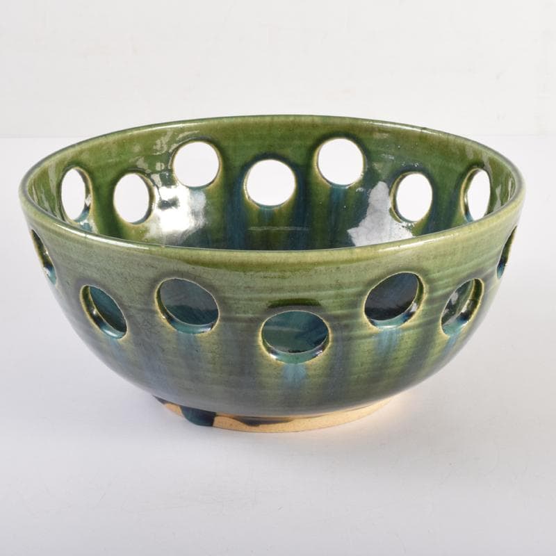 美濃焼　加藤光右衛門作　織部　水玉透かし鉢　共箱　C　6951A