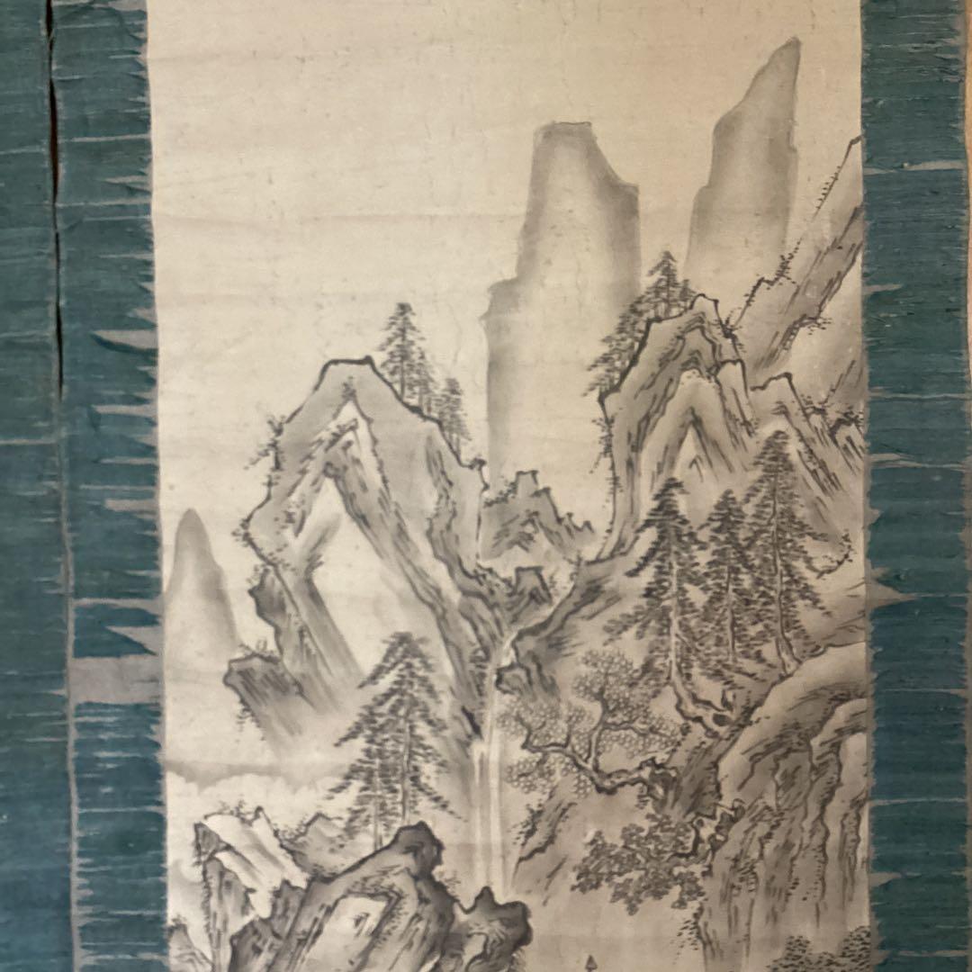 狩野山楽 【紙本水墨画双幅 楼閣山水図】 共箱 掛軸双幅 軸先は