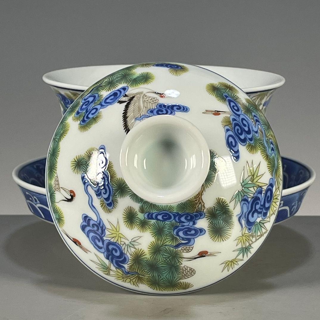 中国茶器 景德鎮 五色松鶴献寿図三才蓋碗 茶碗 新品未使用