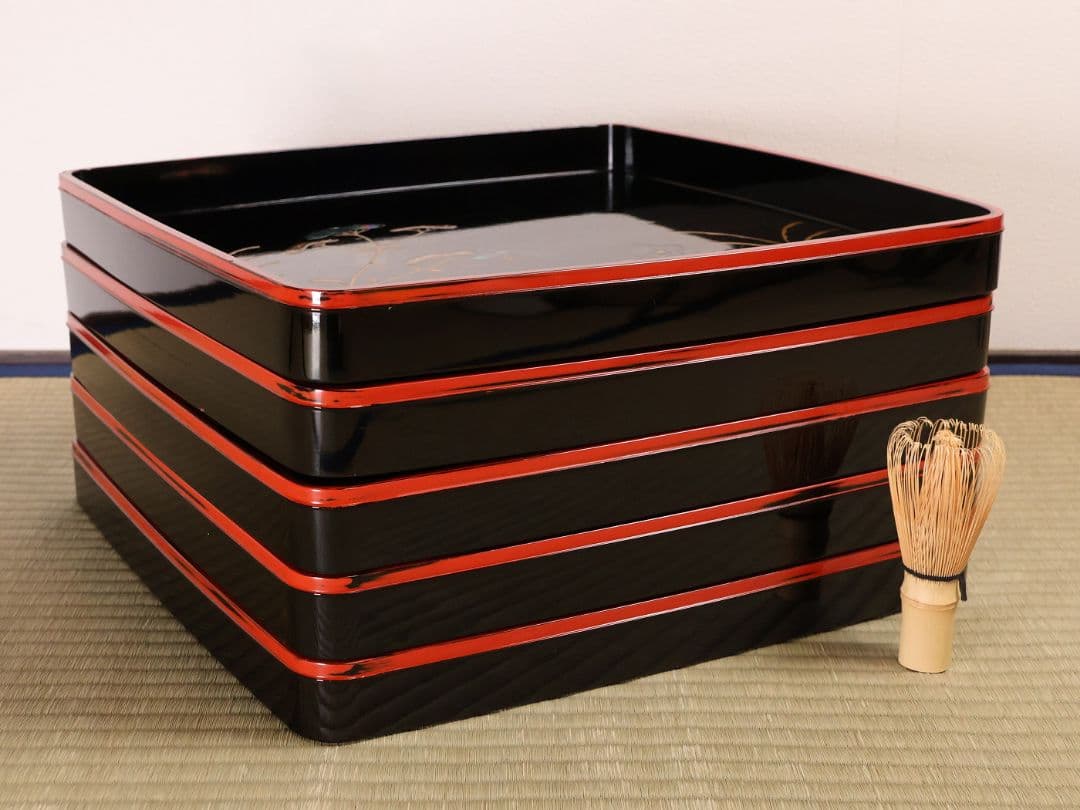 古い膳 螺鈿 流水草花 金銀蒔絵 四方膳 卓上 五客 根来 黒 木製 CM388