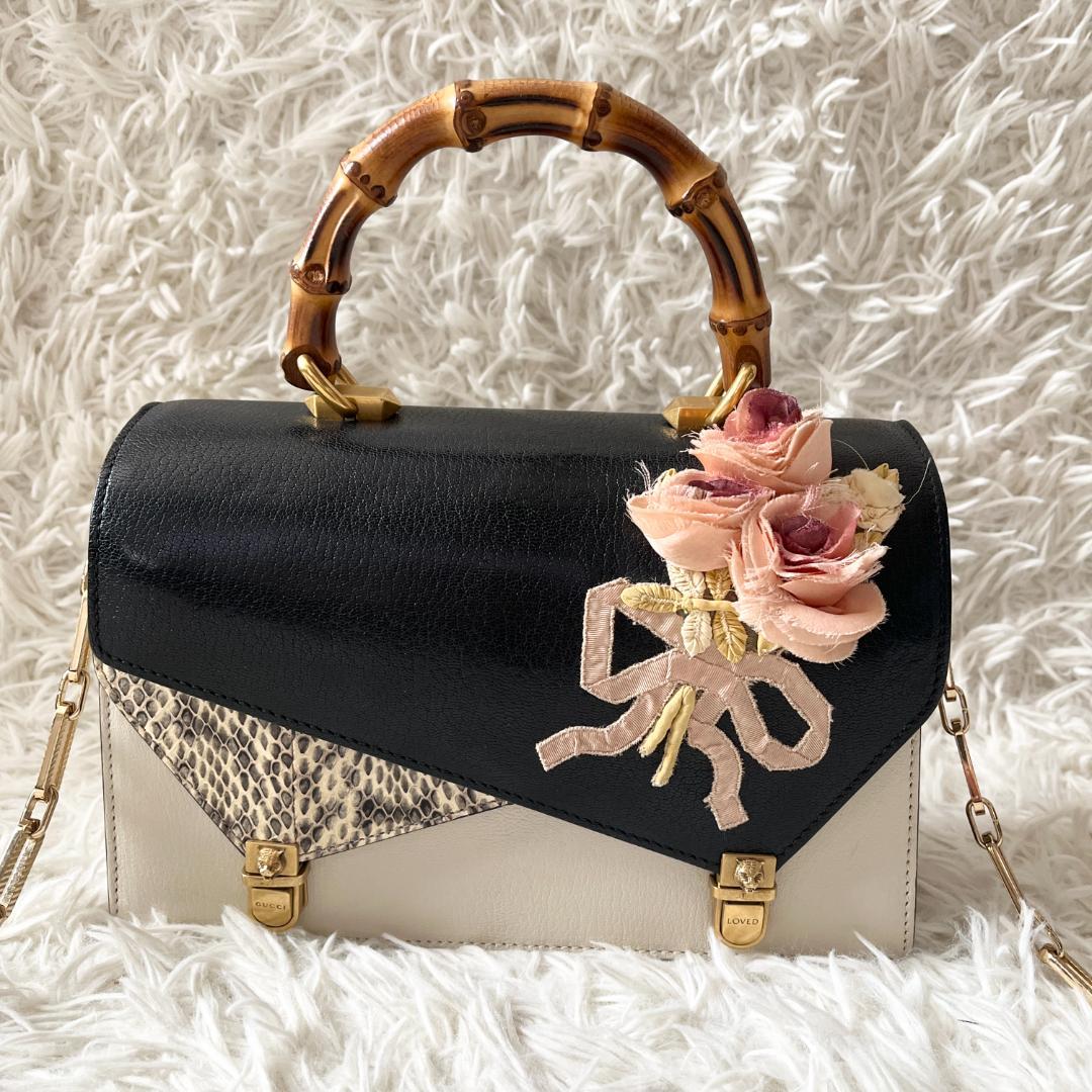 グッチ オッティリア 花刺繍 バンブー 2way ハンドバッグ パイソン