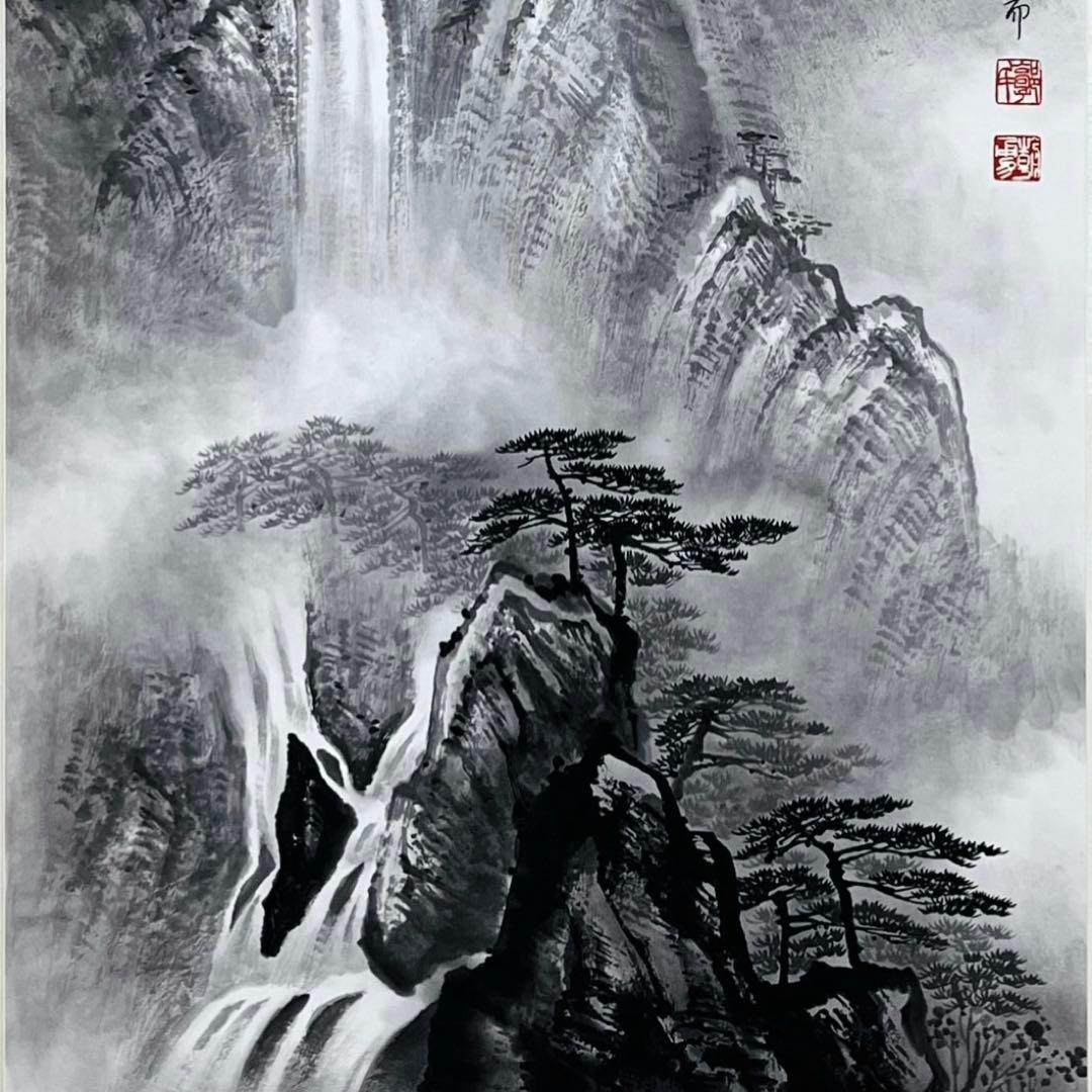 【本表装】肉筆掛け軸水墨画　山水画「黄山」美術品　和室　茶室　床の間　インテリア