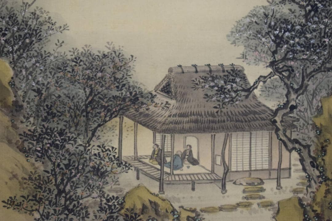 真作/宮武南岳/桂月庵/淡彩山水/双幅/絹表装/布袋屋掛軸HE-610