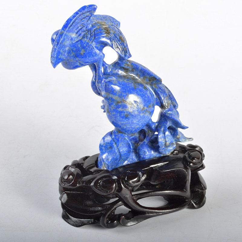 中国 玉石青晶石彫刻 双鶴刻 置物 唐木台付 V R4354