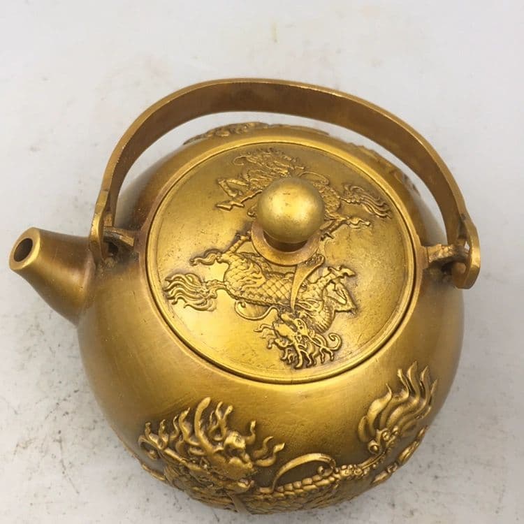 銅器 浮彫麒麟提梁壺 茶壺 酒壺 煎茶道具 装飾品 工芸品 美術品