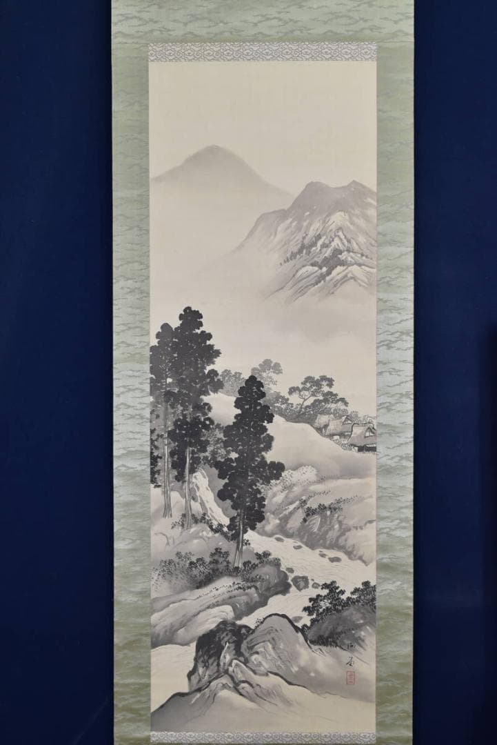 【真作】湖堂/山村図/掛軸☆宝船☆AB-70