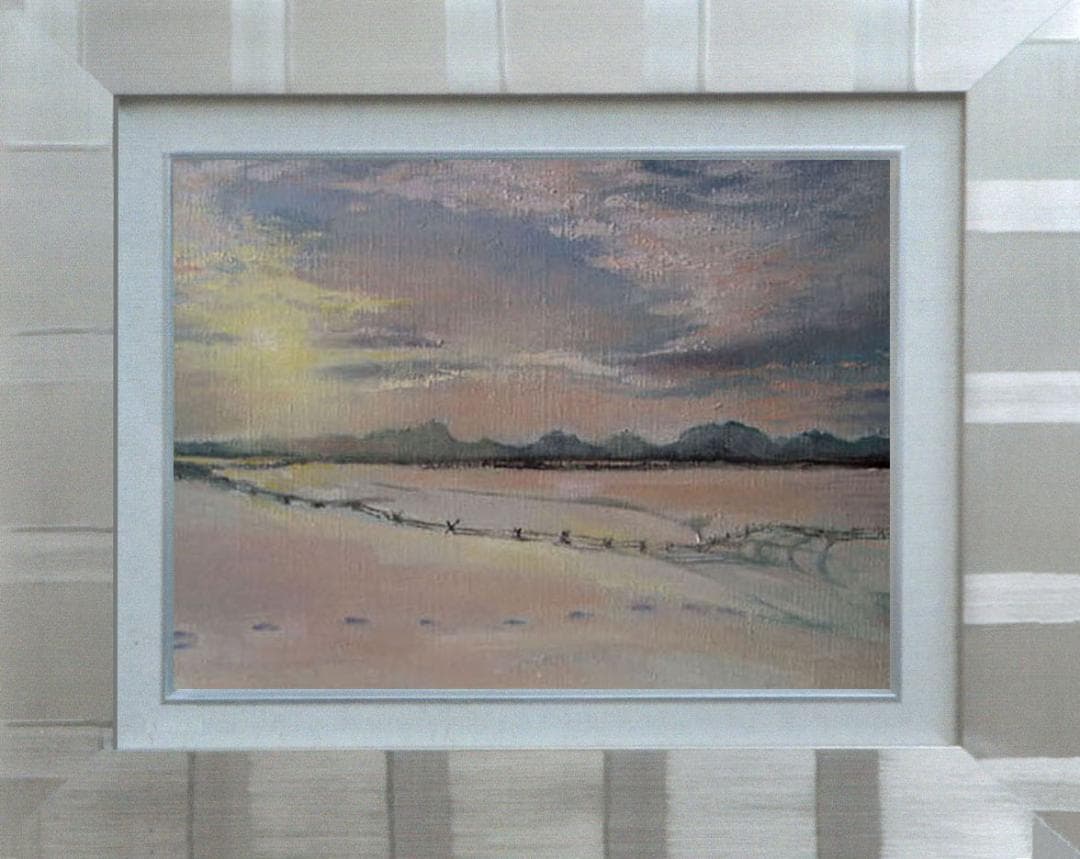 油絵 菅家令子 絵 絵画インテリア額付(青緑＋金色の枠)F6-030707雪風景