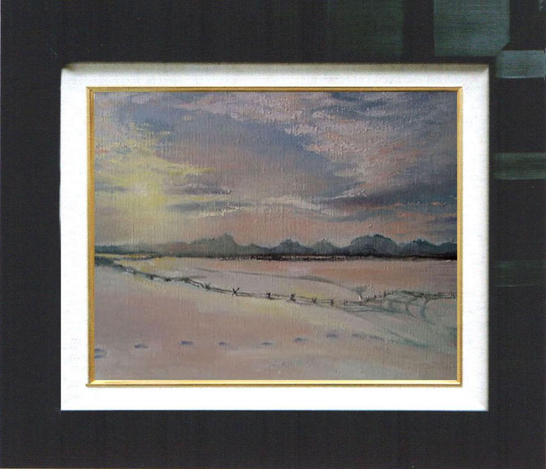 油絵 菅家令子 絵 絵画インテリア額付(青緑＋金色の枠)F6-030707雪風景