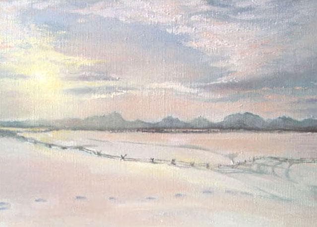 油絵 菅家令子 絵 絵画インテリア額付(青緑＋金色の枠)F6-030707雪風景