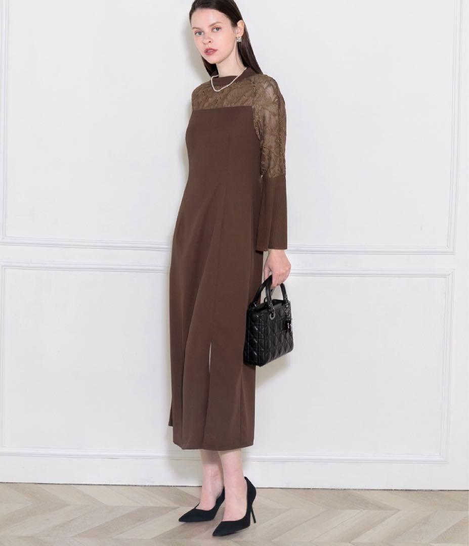 LEJA】レース切替スリットAラインロングドレスワンピース美脚効果結婚