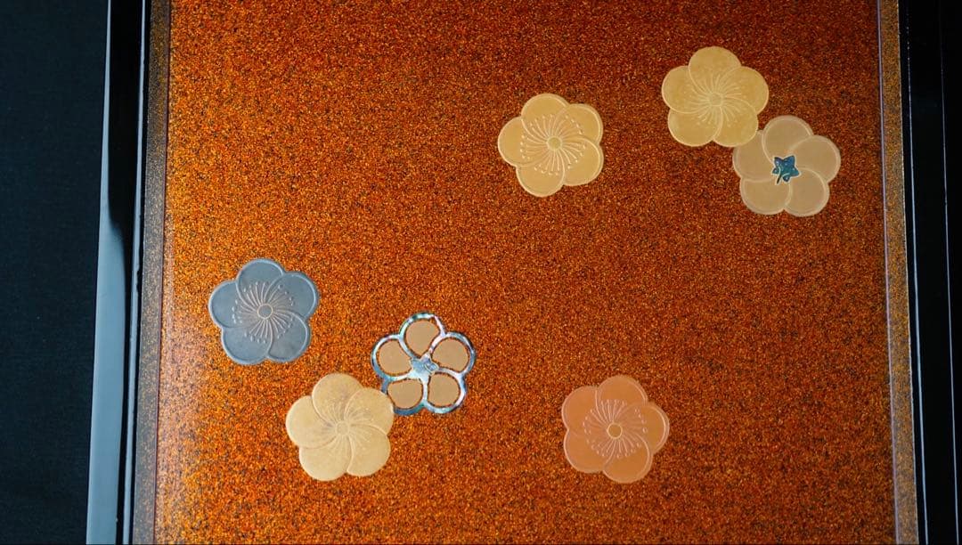 時代 竹梅蒔絵 家紋 内梨地 五段重箱 二枚蓋 螺鈿細工 青貝 木製 / 輪島塗