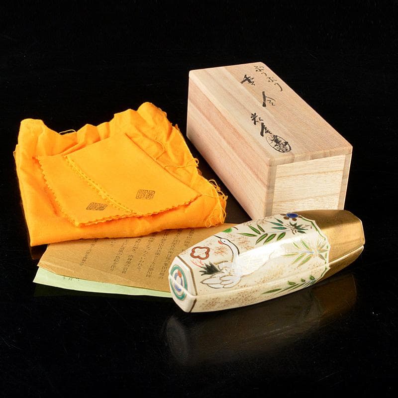 茶道具 京焼 岩倉窯 色絵鶴亀文 ぶりぶり香合 共箱 C 5754