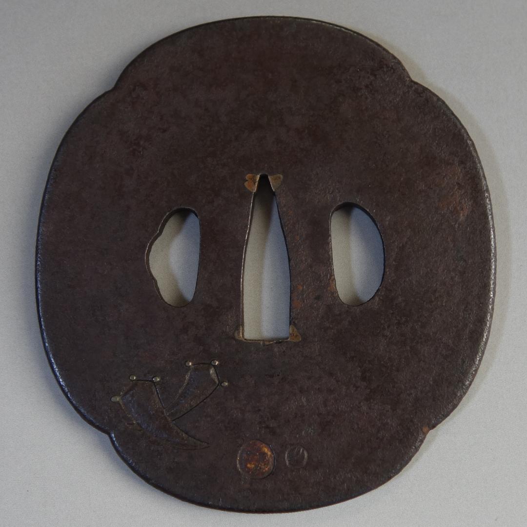 【 大黒天図鍔 】 鍔 鐔 鉄地 象嵌 刀装具 武具 骨董 アンティーク