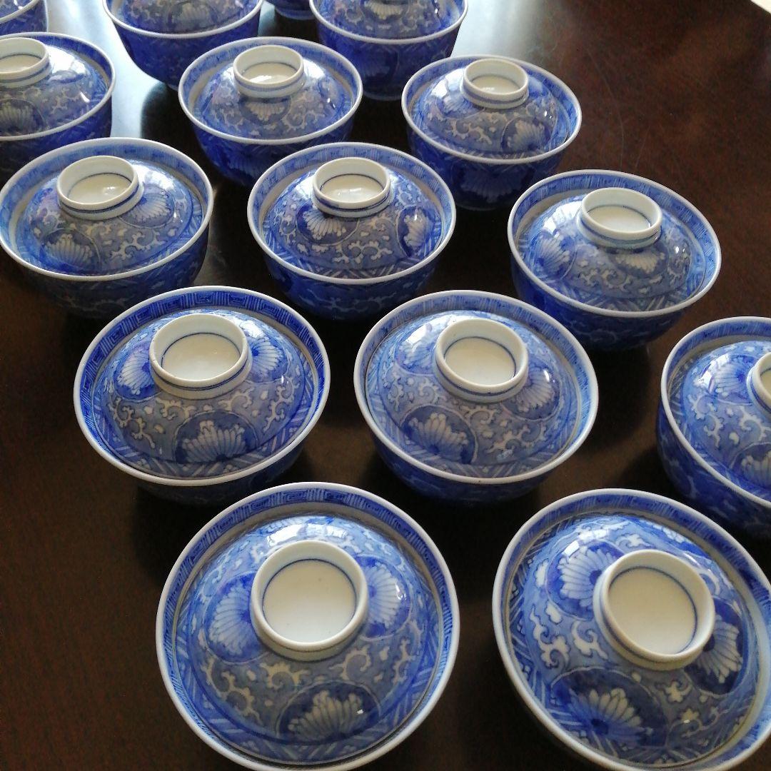 古伊万里　染付総模様蓋付碗　15客　10.8cm　江戸後期