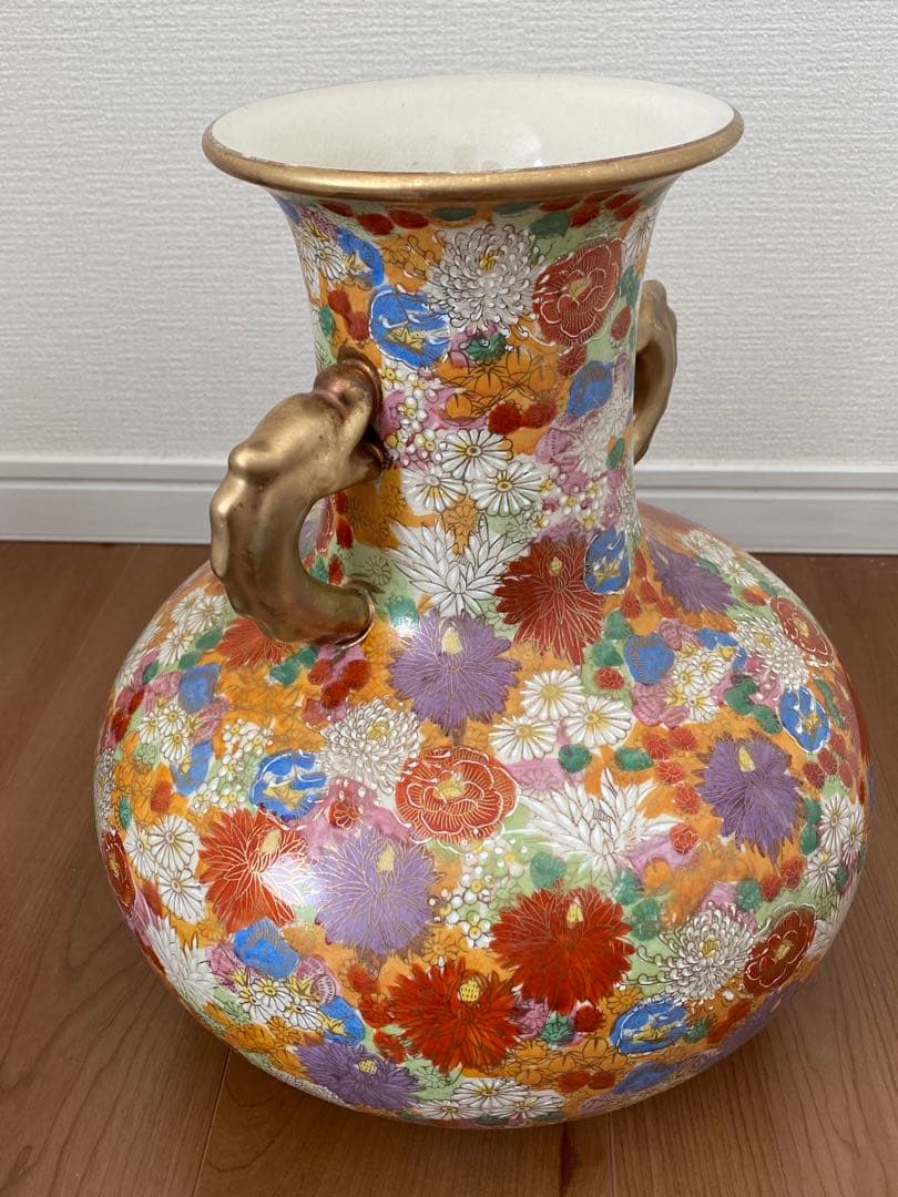九谷焼 陶正造 色絵金彩獅子耳花詰大花瓶(木の台座付き) Yahoo!