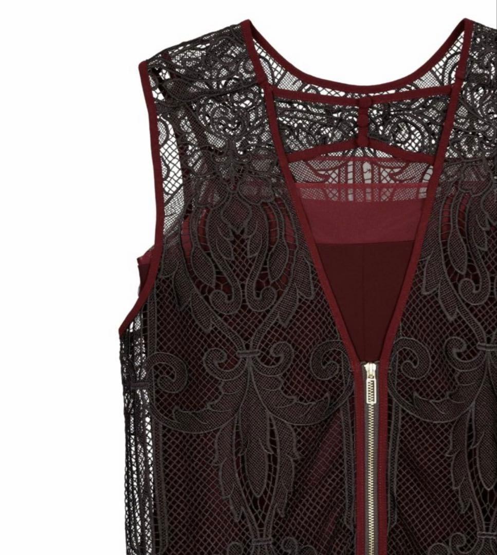 【即配送】ANDRESD バーガンディ ケミカルレースドレス Mサイズ