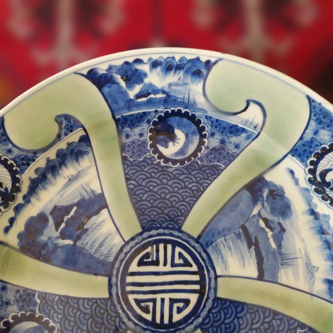 希少 珍品 古伊万里 有田官窯 青磁染付大皿 特大皿 口径約44cm 有田焼