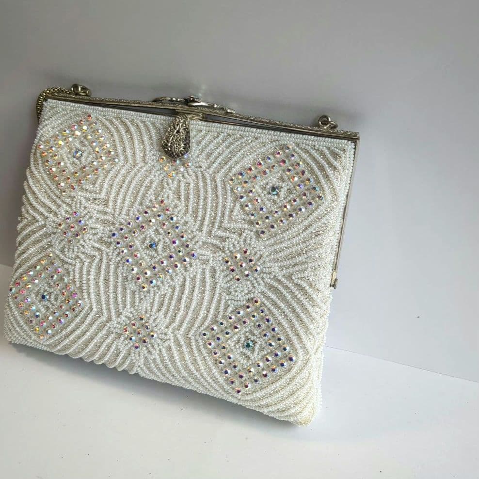 貴重可愛い✨昭和レトロなレアなビーズバッグ　はしもと　白　和小物　洋　夏コーデ