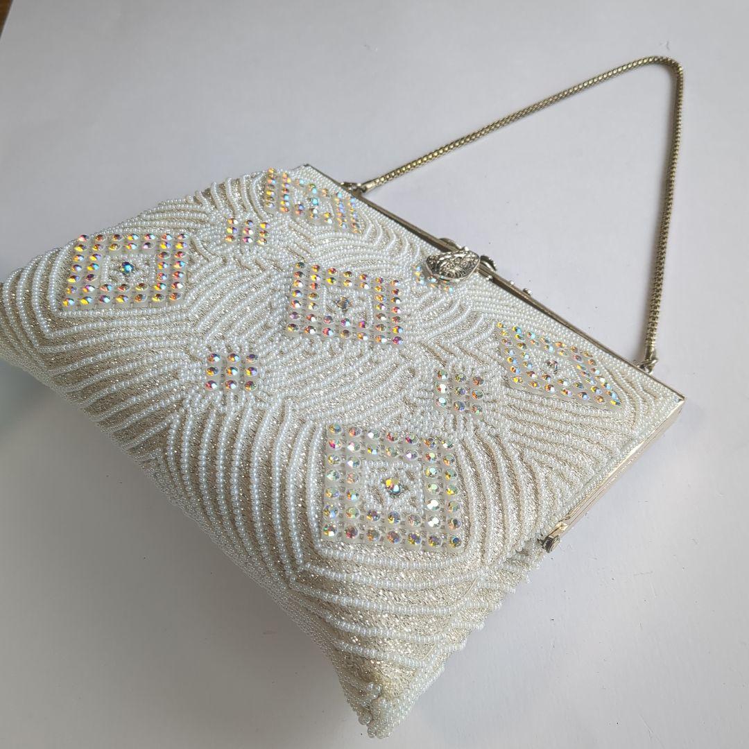 貴重可愛い✨昭和レトロなレアなビーズバッグ　はしもと　白　和小物　洋　夏コーデ