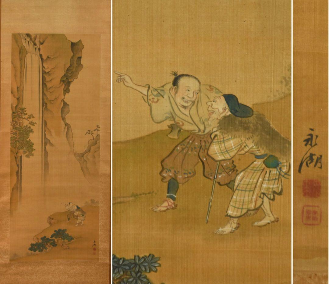 【真作】佐竹永湖 観瀑図 絹本 肉筆 掛軸 真作】佐竹永湖 観瀑図 絹本 肉筆 掛軸