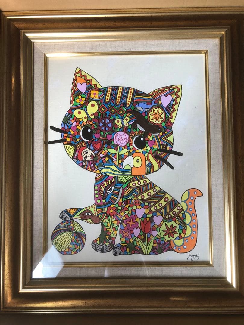 ジミー大西「猫」F6号 肉筆保証/アクリル/油彩/油絵/表裏サイン/額縁