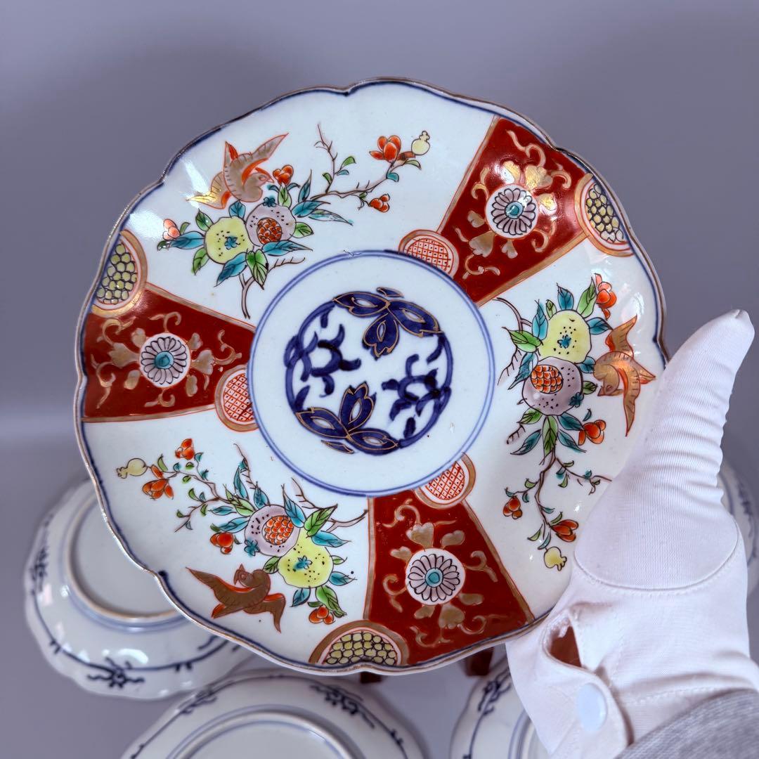 古伊万里 色絵三方柘榴鳥文様七寸皿 8枚 直径21.8㎝ 料理屋 古器を