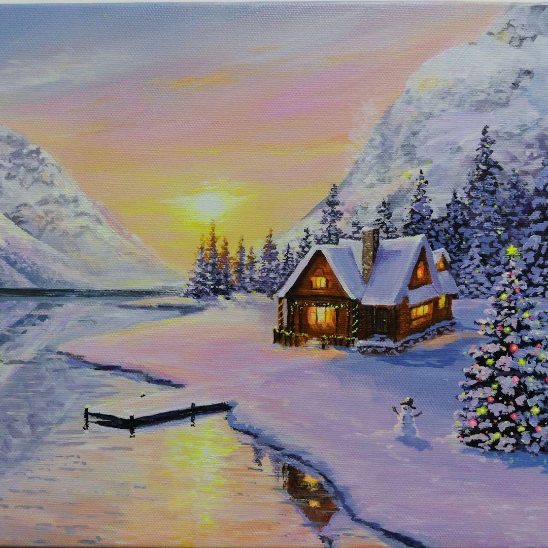 雪の降る夜】アクリル画 F3 風景画 絵画 ぷ*あ様 【月夜を