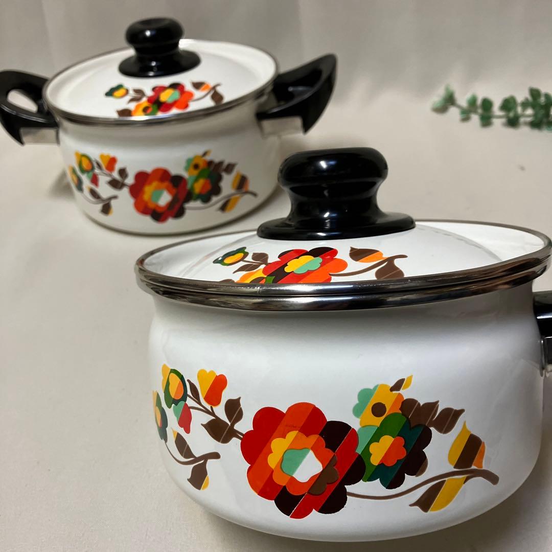 新品 象印 ホーロー鍋 両手鍋 片手鍋セット 昭和レトロ 花柄 IH パピー