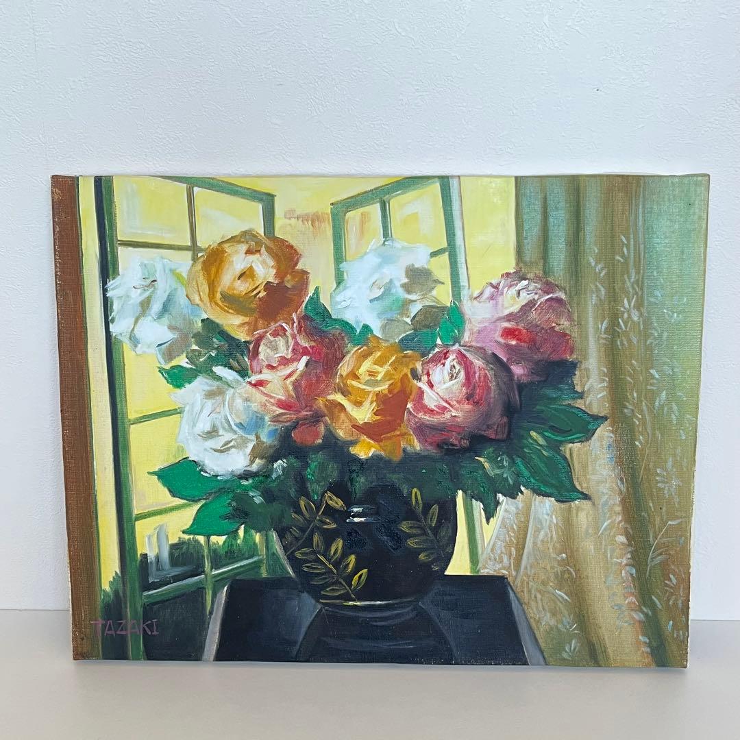 真作 肉筆油絵 窓辺のバラ 田崎順平 F6 額縁 花