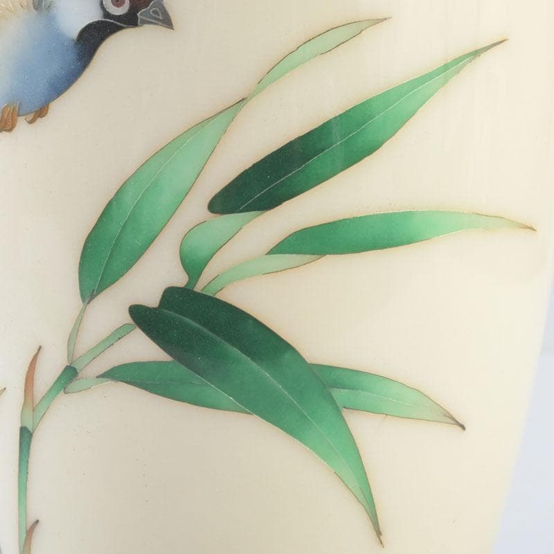 七宝焼 白釉 草鳥文 花瓶 時代箱 V 9663