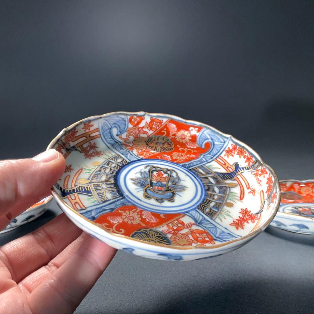 伊万里金襴手 花籠図小皿5枚組 桐箱付 ∅11 骨董