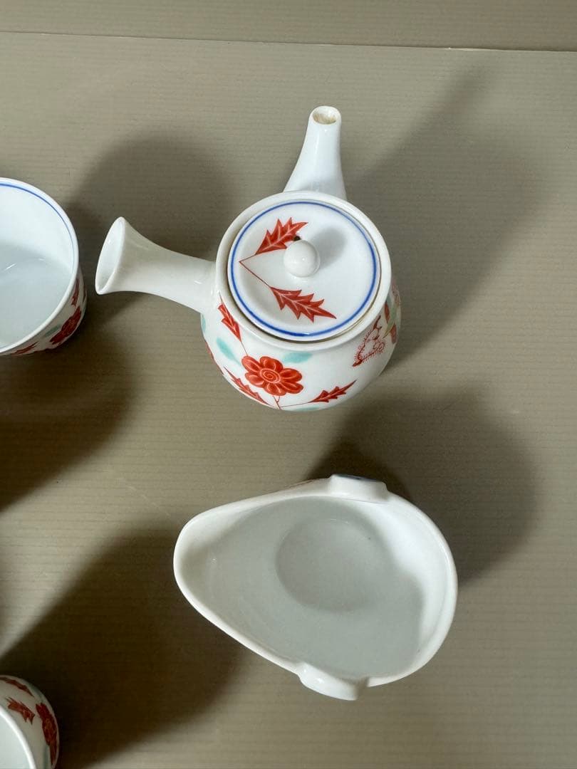 2171 深川製磁 赤絵花草 茶器セット 急須1客 湯冷し1客