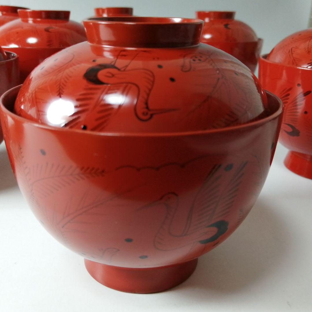 塗師　長遊斎　鶴漆絵　沈朱小吸物椀　拾客　　朱塗　鶴絵　木製　懐石　会席　茶道具