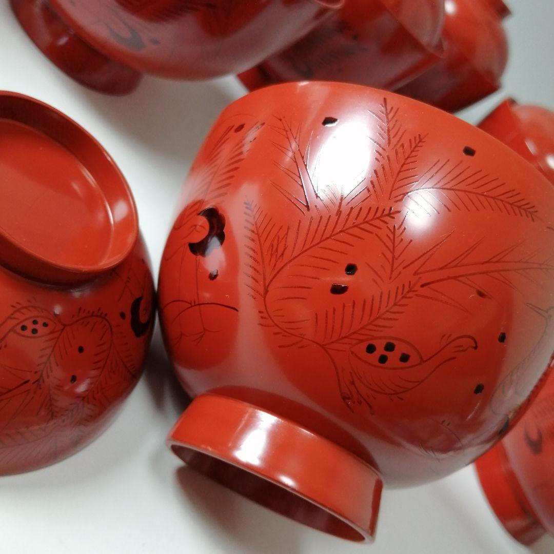 塗師　長遊斎　鶴漆絵　沈朱小吸物椀　拾客　　朱塗　鶴絵　木製　懐石　会席　茶道具