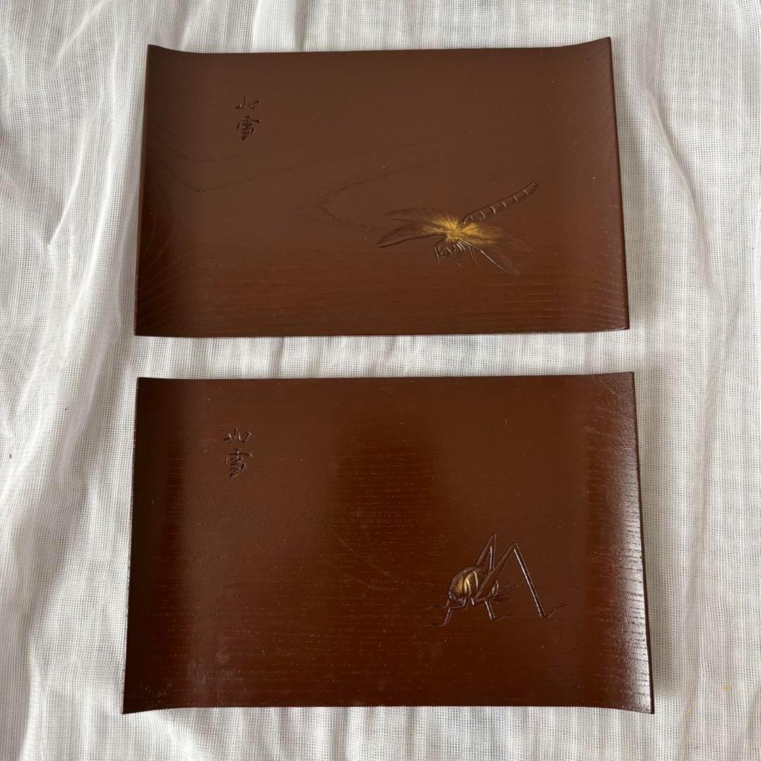 Ay96 讃岐彫　篠原如雪　銘々菓子器　菓子皿　5客　昆虫　木彫　骨董　日本美術