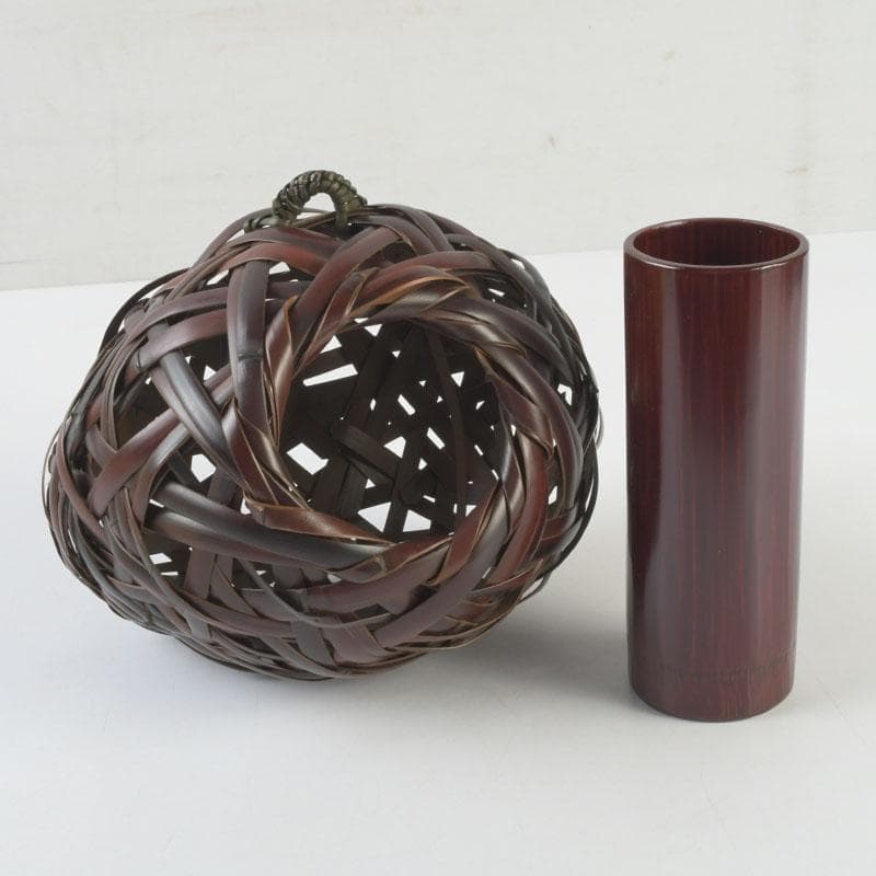 茶道具 竹峰造 古竹細工 鳳尾竹 掛花籠 竹籠 共箱