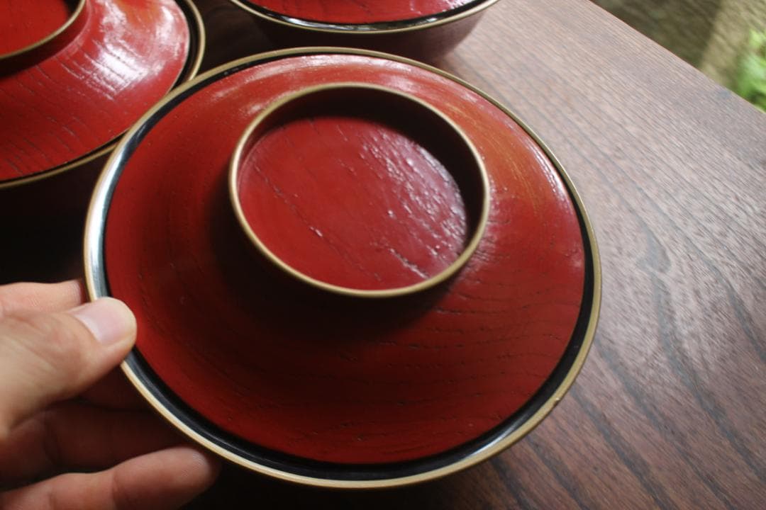 時代朱漆に内見返絵替わり草花蒔絵のお椀5点（検輪島塗蒔絵椀雑煮椀