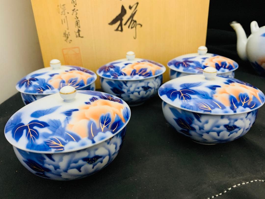 深川製　茶器揃　有田焼　急須　蓋付湯呑み5客　共箱付き