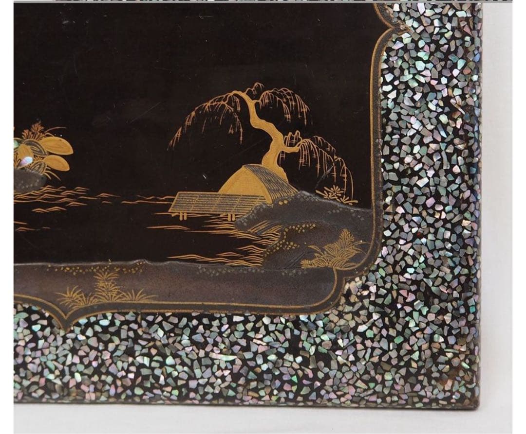 送料無料　旧家蔵出　江戸時代　螺鈿蒔絵山水楼閣文4重箱　合箱