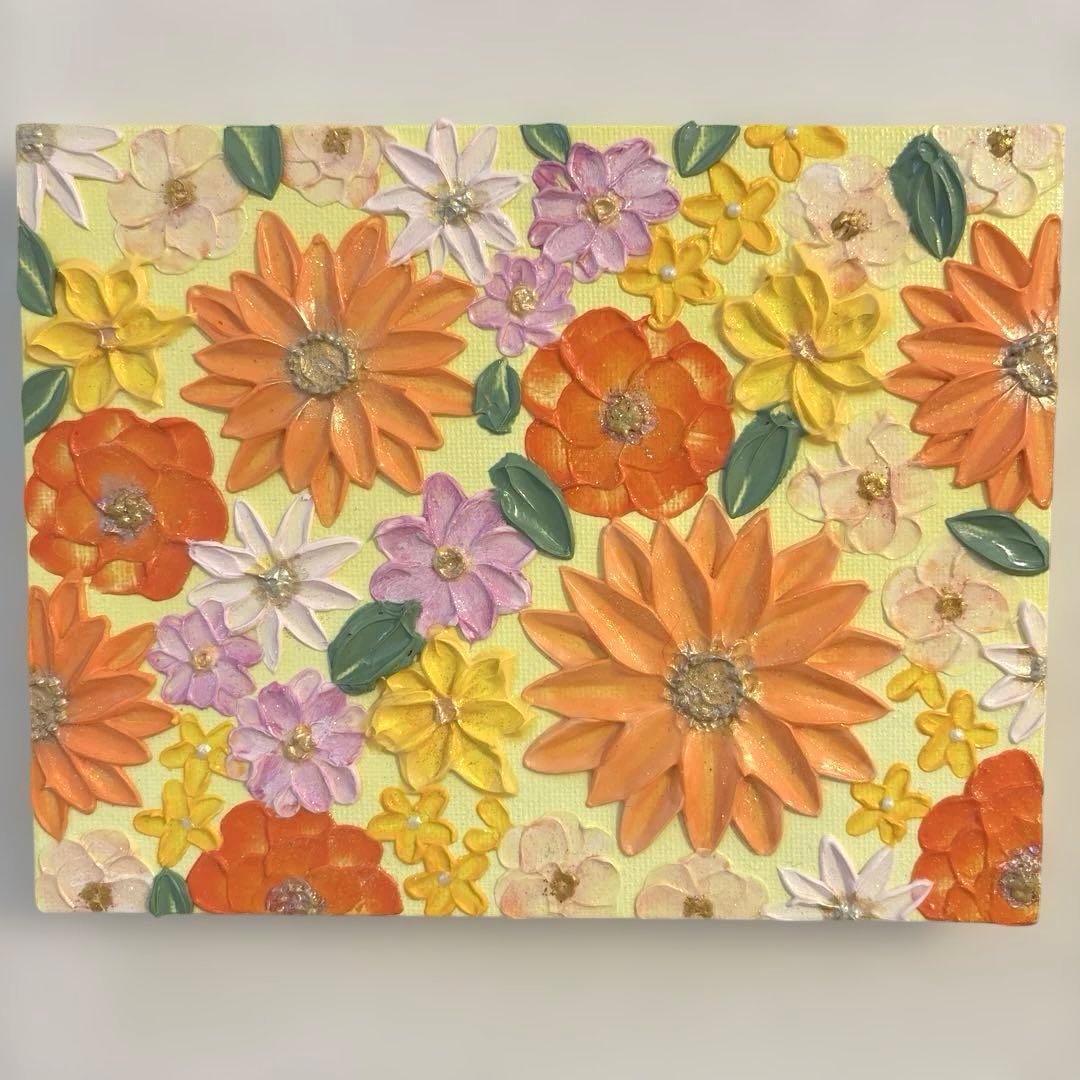 テクスチャーアート アクリル画 現代アート 花の絵 オレンジ 原画 #106
