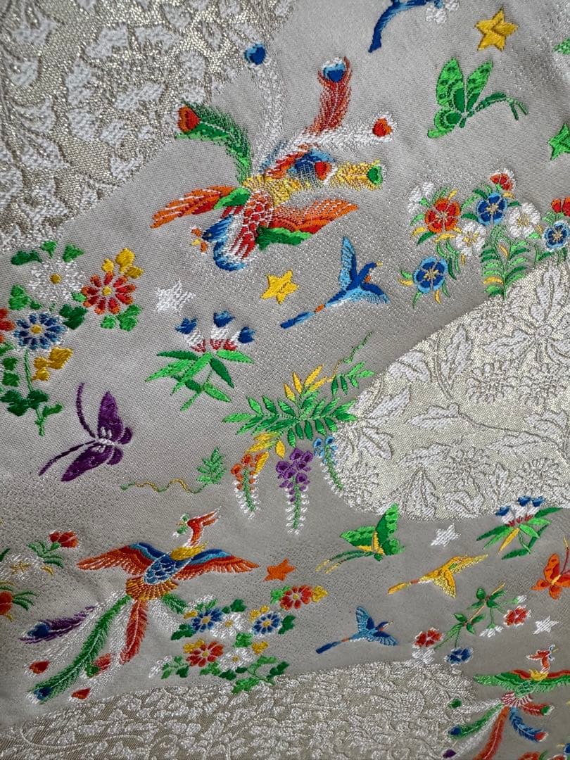 銘品美品】西陣老舗機元「植山茂八織物」白地 唐織刺繍 紋織「