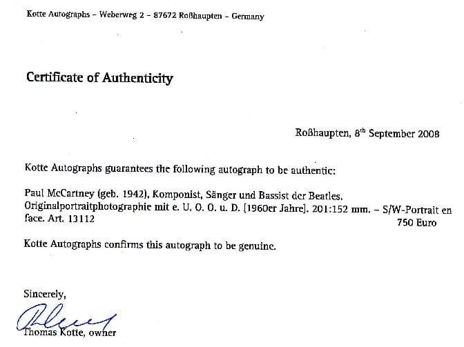 Paul McCartney 直筆サイン（鑑定書付き） ビートルズの直筆サイン