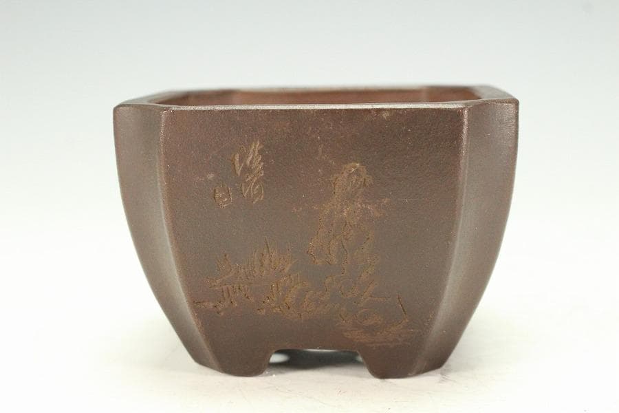 中国美術 朱泥 刻梅 文字 花盆 骨董品(K-LC976)