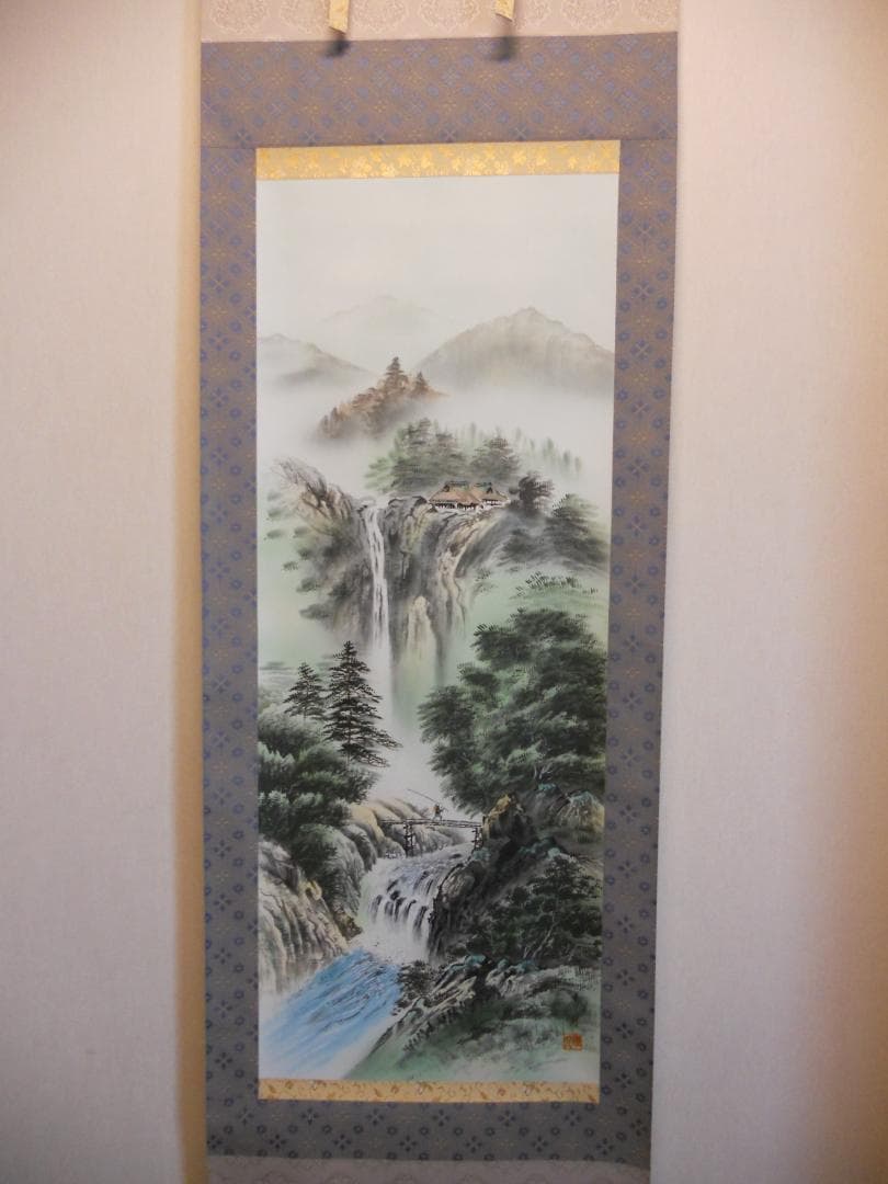 掛け軸 小川香月 『 山紫瀑景図 』 絹本 希少 軸装 茶道具 掛軸 美