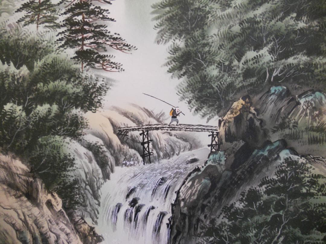 掛け軸 小川香月 『 山紫瀑景図 』 絹本 希少 軸装 茶道具 掛軸 美